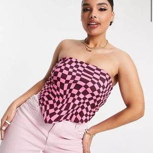 ASOS DESIGN Curve bandeau top with scarf hem in pink check print